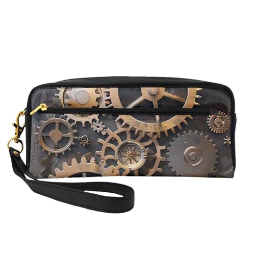 Steampunk Kosmetiktasche mit mechanischen Zahnrädern, bedruckt, für Damen, Reise-Kosmetiktasche aus PU-Leder mit Handgelenk, Kulturbeutel, Schwarz , Einheitsgröße, Kosmetiktasche von WPUTY