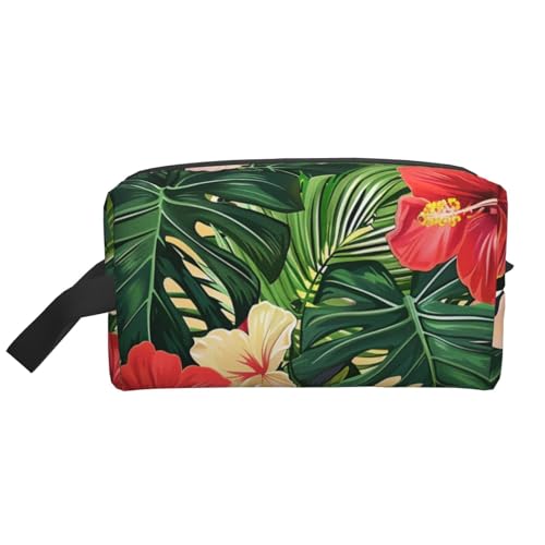 Vegetation Leaves with Hibiscus Flowers Printed Cosmetic Case with Handle Lightweight Compact Storage for Makeup Toiletries & Gadgets Make up Organizer for Travel School Work, weiß, Einheitsgröße von WPUTY