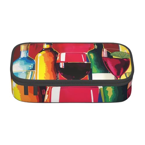 WPUTY Bedrucktes Federmäppchen mit Cocktailgläsern und Weinflaschen, großes Fassungsvermögen, Stifteetui, Schreibwarenbox, Make-up-Tasche für Büro, Reisen, Schule, Schwarz , Einheitsgröße, Schulranzen von WPUTY