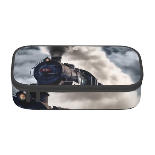 WPUTY Bedrucktes Federmäppchen mit Dampfzug und Wolken, großes Fassungsvermögen, Stifteetui, Schreibwarenbox, Make-up-Tasche für Büro, Reisen, Schule, Schwarz , Einheitsgröße, Schulranzen von WPUTY