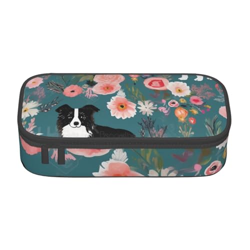 WPUTY Border Collie Federmäppchen mit Blumenmuster, großes Fassungsvermögen, Stifteetui, Schreibwarenbox, Make-up-Tasche für Büro, Reisen, Schule, Schwarz , Einheitsgröße, Schulranzen von WPUTY