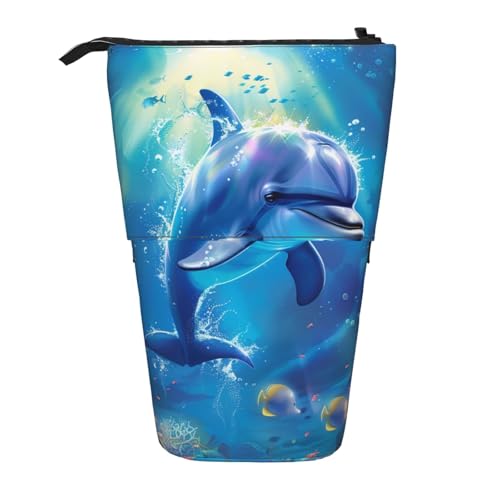 WPUTY Exotic Tribe Federmäppchen, Batik-Stil, bedrucktes Federmäppchen, stehend, Teleskop-Stifthalter für Kosmetik, Make-up, Bürotasche, Niedlicher Delphin, Einheitsgröße, Schulranzen von WPUTY