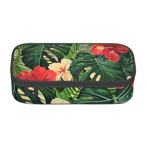 WPUTY Federmäppchen, Motiv: Vegetationsblätter mit Hibiskusblüten, bedruckt, großes Fassungsvermögen, Stifteetui, Schreibwarenbox, Make-up-Tasche für Büro, Reisen, Schule, Schwarz , Einheitsgröße, von WPUTY