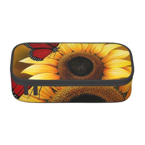 WPUTY Federmäppchen, Motiv: gelbe Sonnenblumen mit rotem Schmetterling, großes Fassungsvermögen, Stifteetui, Schreibwarenbox, Make-up-Tasche für Büro, Reisen, Schule, Schwarz , Einheitsgröße, von WPUTY