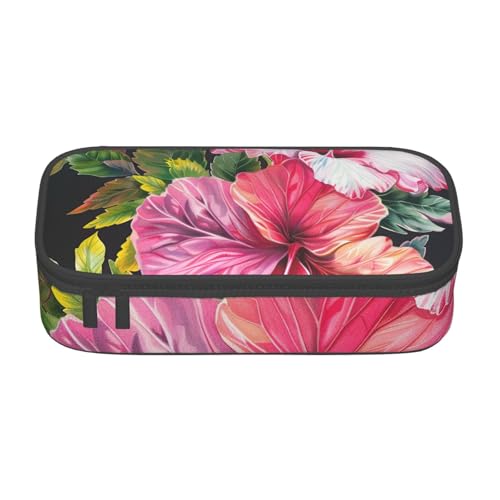 WPUTY Federmäppchen mit Hibiskusblumen-Druck, großes Fassungsvermögen, Stifteetui, Schreibwaren-Box, Make-up-Tasche für Büro, Reisen, Schule, Schwarz , Einheitsgröße, Schulranzen von WPUTY