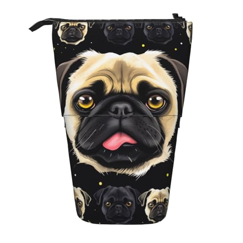 WPUTY Federmäppchen mit Knochen- und Pfotenabdruck, stehend, Teleskop-Stiftehalter für Kosmetik, Make-up, Bürotasche, Schwarzgelber Mops, Einheitsgröße, Schulranzen von WPUTY