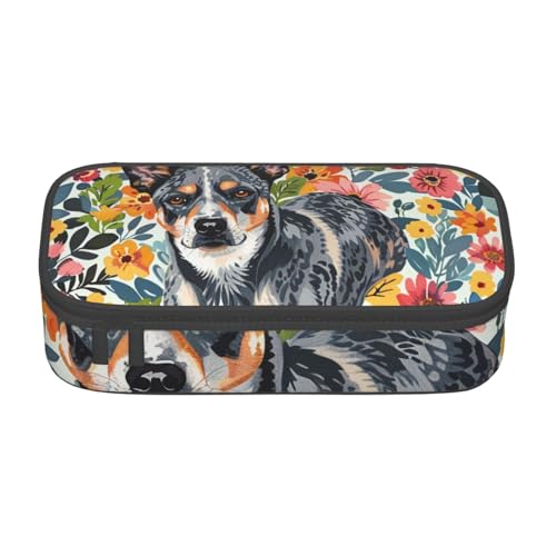 WPUTY Federmäppchen mit Rinderhund, Blumenmuster, großes Fassungsvermögen, Stifteetui, Schreibwarenbox, Make-up-Tasche für Büro, Reisen, Schule, Schwarz , Einheitsgröße, Schulranzen von WPUTY