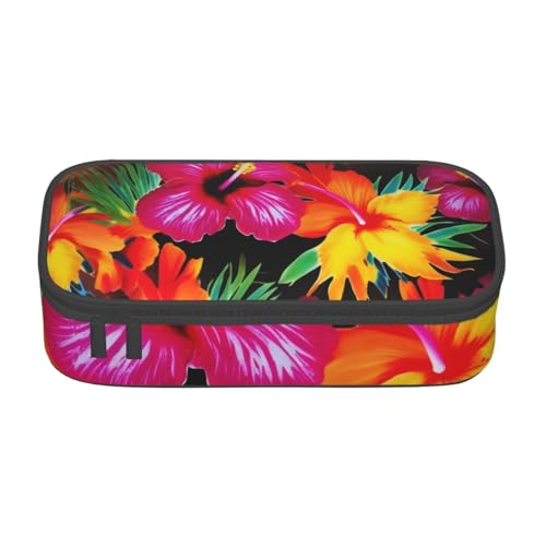 WPUTY Federmäppchen mit buntem Hawaii-Blumendruck, großes Fassungsvermögen, Stifteetui, Schreibwarenbox, Make-up-Tasche für Büro, Reisen, Schule, Schwarz , Einheitsgröße, Schulranzen von WPUTY