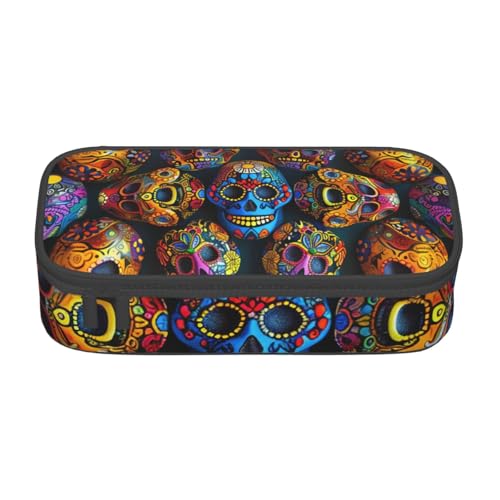 WPUTY Federmäppchen mit buntem Totenkopf-Motiv, großes Fassungsvermögen, Stifteetui, Schreibwarenbox, Make-up-Tasche für Büro, Reisen, Schule, Schwarz , Einheitsgröße, Schulranzen von WPUTY
