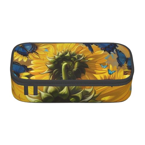WPUTY Gelbe Sonnenblumen mit blauen Schmetterlingen, bedrucktes Federmäppchen, großes Fassungsvermögen, Stifteetui, Schreibwarenbox, Make-up-Tasche für Büro, Reisen, Schule, Schwarz , Einheitsgröße, von WPUTY