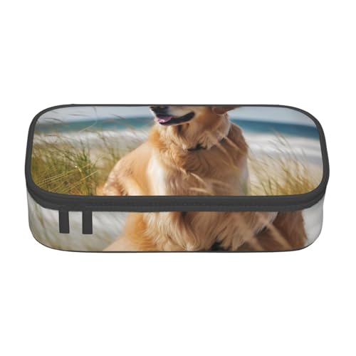 WPUTY Golden Retriever am Strand bedrucktes Federmäppchen, großes Fassungsvermögen, Stifteetui, Schreibwarenbox, Make-up-Tasche für Büro, Reisen, Schule, Schwarz , Einheitsgröße, Schulranzen von WPUTY