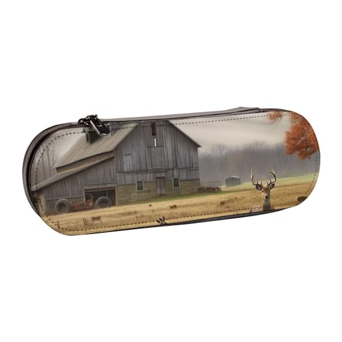 WPUTY Hartschalen-Federmäppchen aus PU-Leder, Bauernhof mit Hirsch-Aufdruck, wasserdicht, Stift-Organizer für Schule, Reisen, Kosmetik und Geschenke, Bauernhof mit Hirsch, Einheitsgröße, Schulranzen von WPUTY