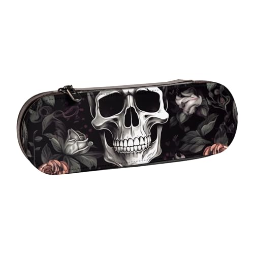 WPUTY Hartschalen-Federmäppchen aus PU-Leder, Knochen- und Pfotenabdrucke, Stiftebox, wasserdicht, Stift-Organizer für Schule, Reisen, Kosmetik und Geschenke, Schwarzer Halloween-Totenkopf von WPUTY