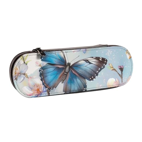 WPUTY Hartschalen-Federmäppchen aus PU-Leder, blauer Schmetterlings-Druck, Stiftebox, wasserdichter Stift-Organizer für Schule, Reisen, Kosmetik und Geschenke, Blauer Schmetterling auf Blüte von WPUTY