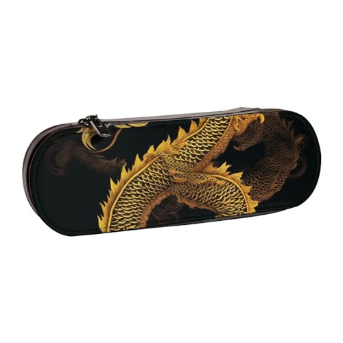 WPUTY Hartschalen-Federmäppchen aus PU-Leder, bunt, tropische Blätter, wasserdicht, Stift-Organizer für Schule, Reisen, Kosmetik und Geschenke, Chinesischer goldener gelber Drache, Einheitsgröße von WPUTY