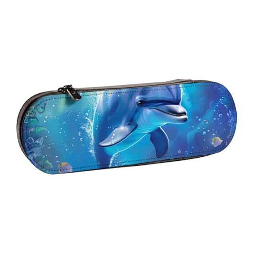 WPUTY Hartschalen-Federmäppchen aus PU-Leder, exotischer Tribe-Stil, Batik-Stil, Drucke, Stiftebox, wasserdicht, Stift-Organizer für Schule, Reisen, Kosmetik und Geschenke, Niedlicher Delphin von WPUTY