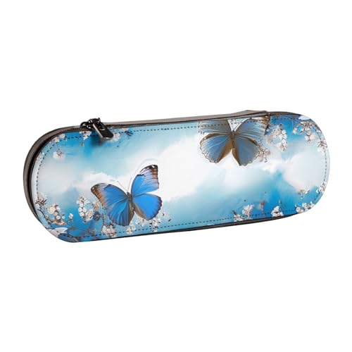 WPUTY Hartschalen-Federmäppchen aus PU-Leder, helle Kohldrucke, Stiftebox, wasserdicht, Stift-Organizer für Schule, Reisen, Kosmetik und Geschenke, Blaue Schmetterlinge weiße Blumen, Einheitsgröße von WPUTY