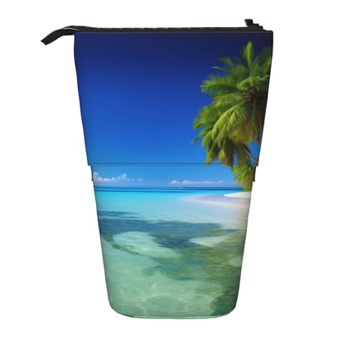 WPUTY Petoskey Federmäppchen mit Steindruck, Stehender Teleskop-Stifthalter für Kosmetiktasche, Make-up, Bürotasche, Palmen und klares Meer., Einheitsgröße, Schulranzen von WPUTY