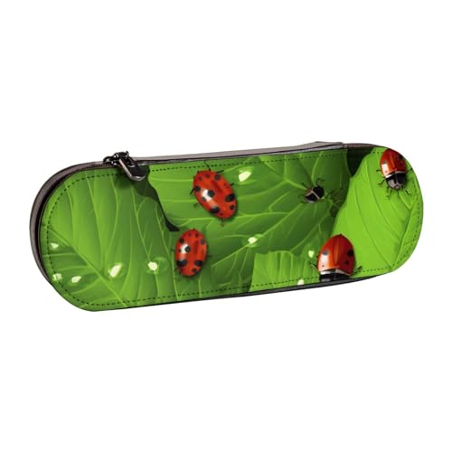 WPUTY Petoskey Hartschalen-Federmäppchen aus PU-Leder, mit Steindruck, wasserdicht, Stift-Organizer für Schule, Reisen, Kosmetik und Geschenke, Blätter und Marienkäfer, Einheitsgröße, Schulranzen von WPUTY