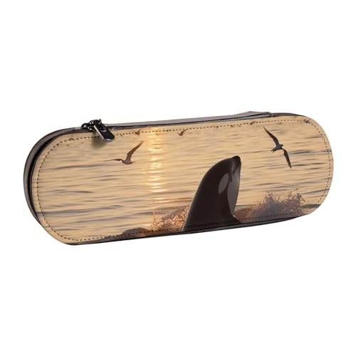 WPUTY Petoskey Hartschalen-Federmäppchen aus PU-Leder, mit Steindruck, wasserdicht, Stift-Organizer für Schule, Reisen, Kosmetik und Geschenke, Killerwal unter Sonnenuntergang, Einheitsgröße von WPUTY