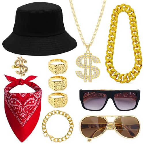 11-teiliges 80er-Jahre-Kostüm für Herren, 90er-Jahre-Hip-Hop-Kostüm-Set, gefälschte Goldkette, Rapper, Party-Outfits, Zubehör, Halloween-Party-Dekorationen für Männer und Frauen 11-teiliges 80er-Jahre-Kostüm für Herren, 90er-Jahre-Hip-Hop-Kostüm-Set, gefälschte Goldkette, Rapper, Party-Outfits, Zubehör, Halloween-Party-Dekorationen für Männer und Frauen von WQSOAFU