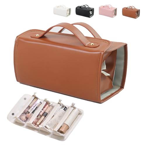 wasserdichte Kosmetiktasche aus Leder,abnehmbare 4-in-1-Reise-Kulturtasche,Make-up-Tasche mit Fächern,aufrollbare Make-up-Tasche mit transparentem Fach,hängende Make-up-Tasche für Damen (B) von WQTHU