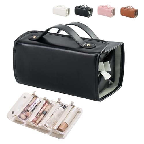 wasserdichte Kosmetiktasche aus Leder,abnehmbare 4-in-1-Reise-Kulturtasche,Make-up-Tasche mit Fächern,aufrollbare Make-up-Tasche mit transparentem Fach,hängende Make-up-Tasche für Damen (D) von WQTHU