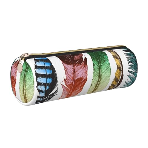 WQUVMDS Bunte handgezeichnete Federn auf weißem Druck, Leder-Federmäppchen, dreieckiger Reißverschluss, Stiftetasche, Kosmetiktasche, Schreibwaren-Tasche, gold, Einheitsgröße, Taschen-Organizer von WQUVMDS