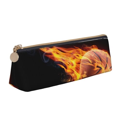 WQUVMDS Federmäppchen aus Leder, Motiv: Basketball auf Feuer, dreieckig, Reißverschluss, Kosmetiktasche, Schreibwaren-Tasche von WQUVMDS