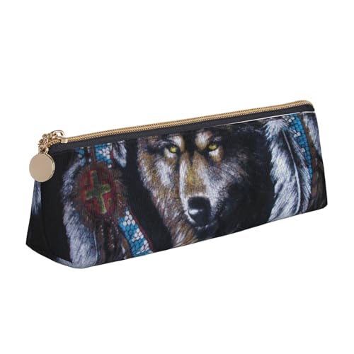 WQUVMDS Federmäppchen aus Leder, Motiv: Indianerwolf, dreieckig, Reißverschluss, Stiftetasche, Kosmetiktasche, Schreibwaren-Tasche von WQUVMDS