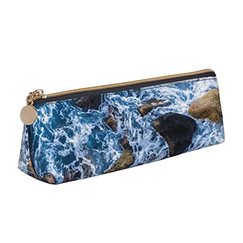 WQUVMDS Federmäppchen aus Leder, Motiv: Meeressteine, dreieckig, Reißverschluss, Stifteetui, Kosmetiktasche, Schreibwaren-Tasche von WQUVMDS