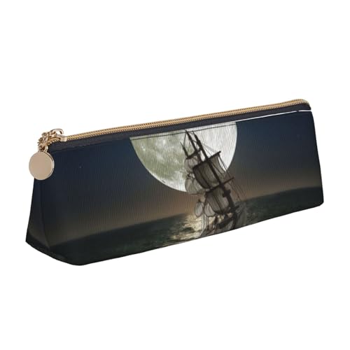 WQUVMDS Federmäppchen aus Leder, Motiv: Segelschiff im Sturm, dreieckig, Reißverschluss, Kosmetiktasche, Schreibwaren-Tasche von WQUVMDS