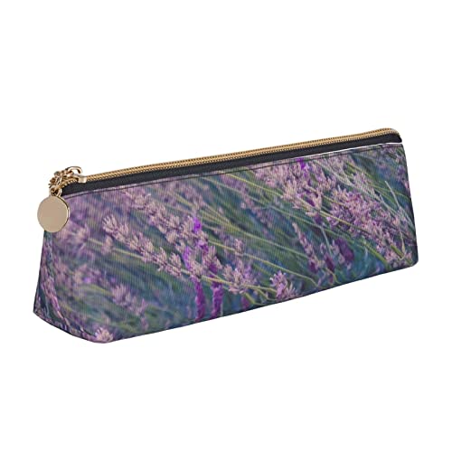 WQUVMDS Federmäppchen aus Leder, dreieckig, mit Reißverschluss, Lavendelfelddruck, für Stifte, Kosmetik, Schreibwaren, Violett von WQUVMDS