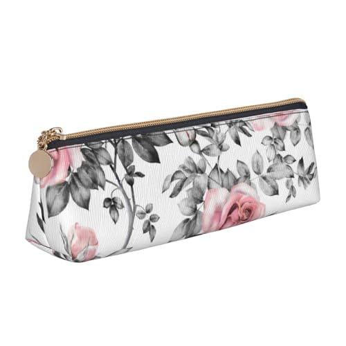 WQUVMDS Federmäppchen aus Leder, mit Blumenmuster, dreieckig, Reißverschluss, Kosmetiktasche, Schreibwaren-Tasche, Weiß von WQUVMDS