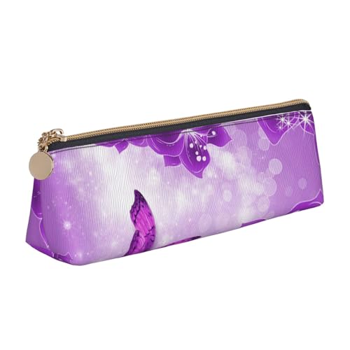 WQUVMDS Federmäppchen aus Leder, mit Schmetterlings-Aufdruck, dreieckig, Reißverschluss, für Stifte, Kosmetik, Schreibwaren, Violett von WQUVMDS