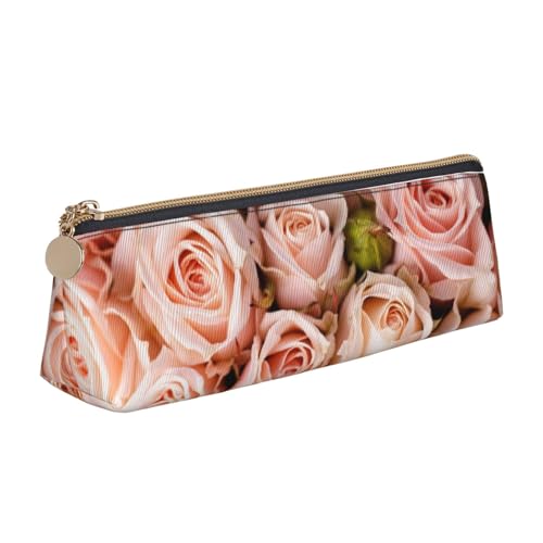 WQUVMDS Federmäppchen aus Leder, mit rosa Rosen, dreieckig, Reißverschluss, Stifteetui, Kosmetiktasche, Schreibwaren-Tasche von WQUVMDS