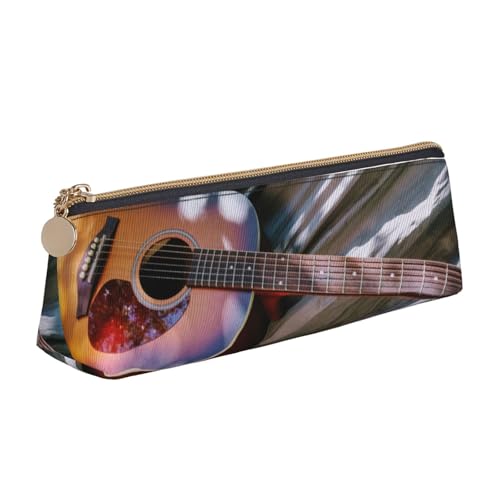 WQUVMDS Federmäppchen aus Leder mit Akustikgitarre, dreieckig, Reißverschluss, Stifteetui, Kosmetiktasche, Schreibwaren-Tasche von WQUVMDS