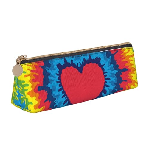 WQUVMDS Federmäppchen aus Leder mit Herzmotiv, Regenbogenfarben, dreieckig, Reißverschluss, Stifteetui, Kosmetiktasche, Schreibwaren-Tasche von WQUVMDS
