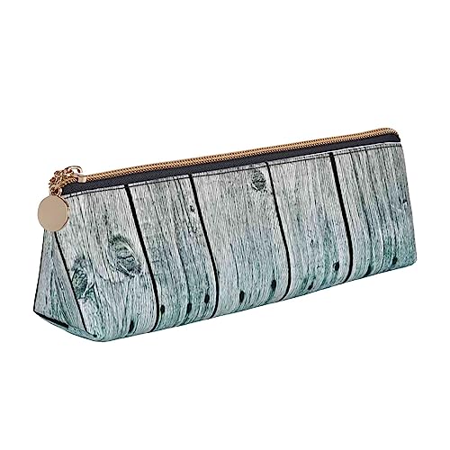 WQUVMDS Federmäppchen aus Leder mit Holzpaneelen und Hintergrunddruck, dreieckiger Reißverschluss, Stiftetasche, Kosmetiktasche, Schreibwaren-Tasche von WQUVMDS