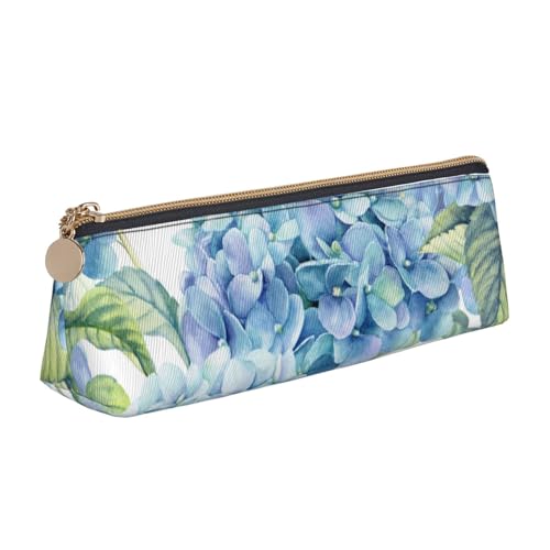 WQUVMDS Federmäppchen aus Leder mit Hortensien-Aufdruck, dreieckig, Reißverschluss, Stiftetasche, Kosmetiktasche, Schreibwaren-Tasche von WQUVMDS