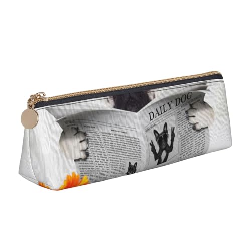 WQUVMDS Federmäppchen aus Leder mit Mops-Aufdruck, dreieckiger Reißverschluss, Stifteetui, Kosmetiktasche, Schreibwaren-Tasche von WQUVMDS