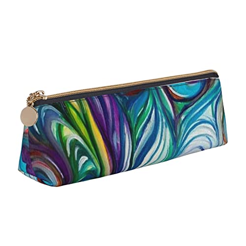 WQUVMDS Federmäppchen aus Leder mit Pfauenfeder-Aufdruck, dreieckiger Reißverschluss, Stiftetasche, Kosmetiktasche, Schreibwaren-Tasche von WQUVMDS