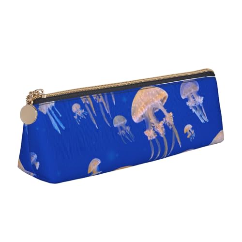 WQUVMDS Federmäppchen aus Leder mit Quallen-Aufdruck, dreieckiger Reißverschluss, Stiftetasche, Kosmetiktasche, Schreibwaren-Tasche von WQUVMDS