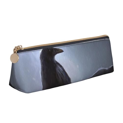 WQUVMDS Federmäppchen aus Leder mit Raben-Aufdruck, dreieckig, Reißverschluss, Stiftetasche, Kosmetiktasche, Schreibwaren-Tasche von WQUVMDS