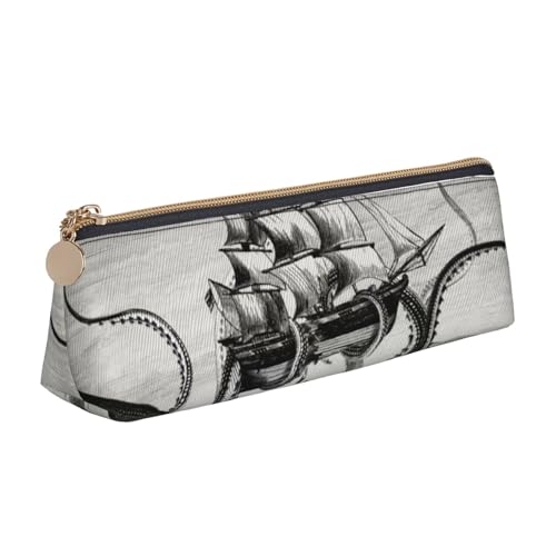WQUVMDS Federmäppchen aus Leder mit Segelboot-Wellen und Oktopus-Druck, dreieckiger Reißverschluss, Stiftetasche, Kosmetiktasche, Schreibwaren-Tasche von WQUVMDS