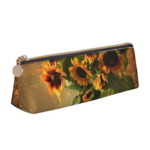 WQUVMDS Federmäppchen aus Leder mit Sonnenblumen-Motiv, dreieckig, Reißverschluss, Stifteetui, Kosmetiktasche, Schreibwaren-Tasche von WQUVMDS