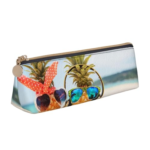 WQUVMDS Federmäppchen aus Leder mit Strandmotiv und Ananasmotiv, dreieckiger Reißverschluss, Stifteetui, Kosmetiktasche, Schreibwaren-Tasche von WQUVMDS