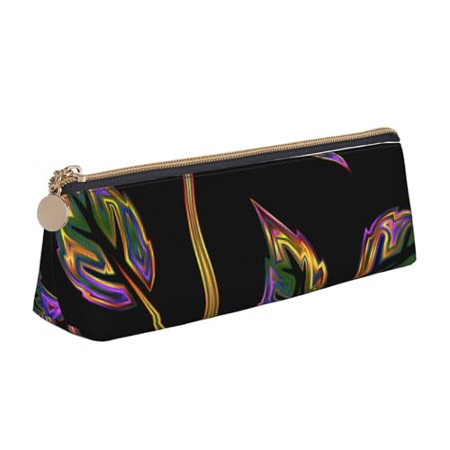 WQUVMDS Federmäppchen aus Leder mit dreieckigem Reißverschluss, Schwarz und Gold, mit Blumendruck, Kosmetiktasche, Schreibwaren-Tasche von WQUVMDS