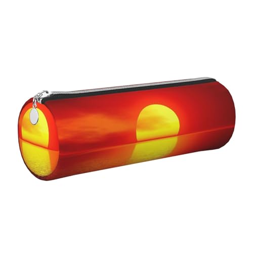 WQUVMDS Federmäppchen aus Leder mit rotem Sonnenaufdruck, dreieckig, Reißverschluss, Stiftetasche, Kosmetiktasche, Schreibwaren-Tasche, silber, Einheitsgröße, Taschen-Organizer von WQUVMDS