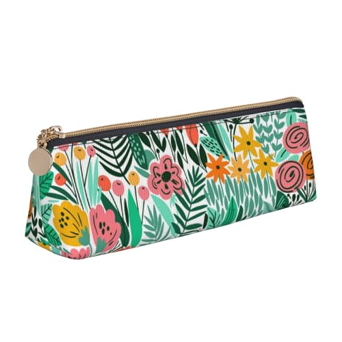WQUVMDS Federmäppchen aus Leder mit tropischem Blumendruck, dreieckig, Reißverschluss, Stiftetasche, Kosmetiktasche, Schreibwaren-Tasche von WQUVMDS